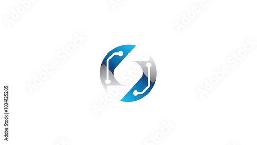 A dynamic circular logo featuring two interlocking halves with a circuit board design. The stylized paths and connection points are rendered with a glossy gradient, transitioning from electric blue.