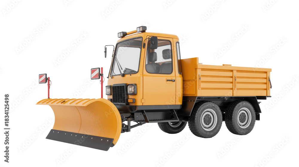 Obraz premium Bright yellow municipal utility truck equipped with a front snow plow and a rear dump bed, ideal for winter road maintenance. background removed