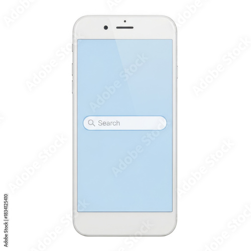 White smartphone displaying a light blue screen with a central search bar isolated on transparent background