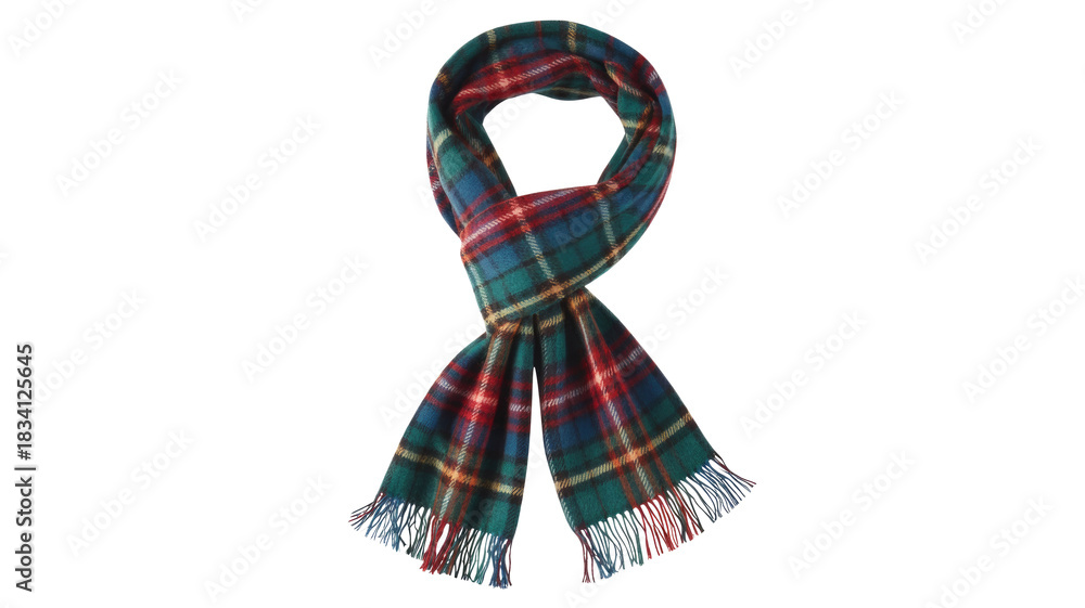 Fototapeta premium A cozy red, blue, and green plaid tartan scarf, stylishly tied with fringed ends, perfect for winter fashion. background removed