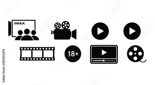 Movie cinema film video play imax camera reel entertainment icons set