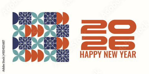 Happy new year 2026 minimalist greeting design with geometric pattern with snowflakes