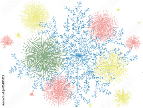 Botanical fireworks illustration, radial burst pattern, colorful abstract design, branching plant structure, organic symmetry, vector artwork, decorative texture