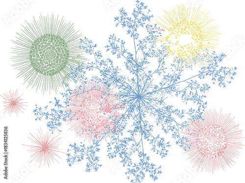 Abstract network diagram, radial burst pattern, colorful fractal structure, data visualization art, organic symmetry, branching design, vector illustration