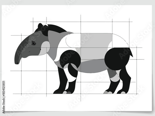 Black and white line drawing of a tapir segmented by a grid