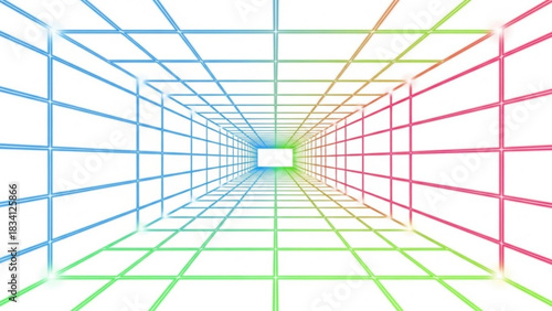 Colorful neon glowing grid tunnel on white background, creating a vibrant abstract perspective portal. digital data flow, virtual reality, cyberspace concept art.