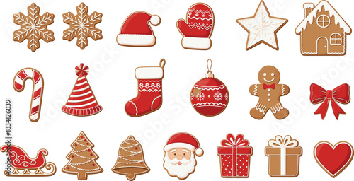 Mega Bundle of Adorable Vector Gingerbread Cookies and Christmas Decorations, Featuring Snowflakes, a Santa Hat, Mittens, a Star, Stocking, Bell, Ornaments, Candy Cane, and Wrapped Gifts