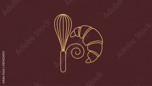 Elegant line art logo of a whisk and a fresh croissant.