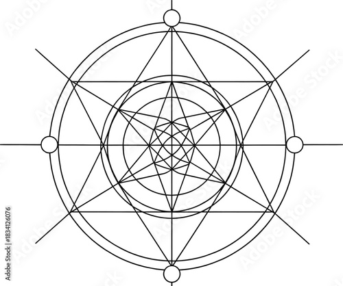 Sacred geometry mandala, radial symmetry, triangle circle pattern, abstract spiritual design, layered star structure, vector illustration, harmonious composition