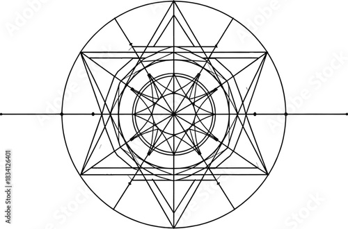 Sacred geometry illustration, radial symmetry, triangle circle motif, abstract mandala design, layered starburst pattern, vector artwork, spiritual composition