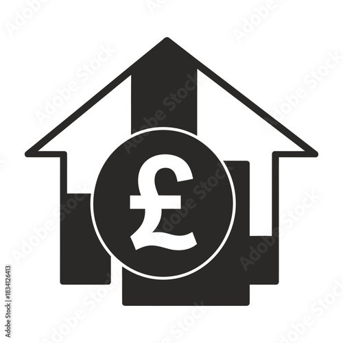 House symbol with a Pound Sterling currency sign, designed as a flat vector icon for real estate, finance, mortgage, and property investment illustrations