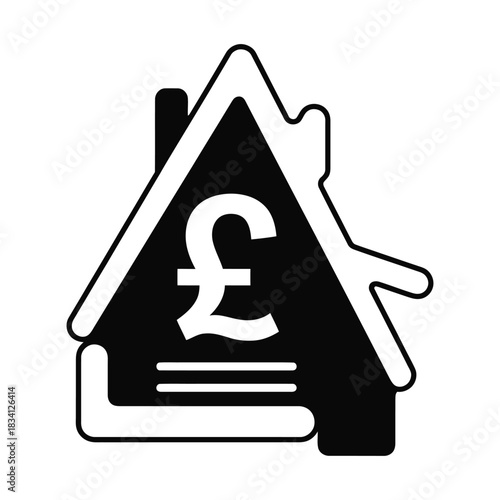 House symbol with a Pound Sterling currency sign, designed as a flat vector icon for real estate, finance, mortgage, and property investment illustrations