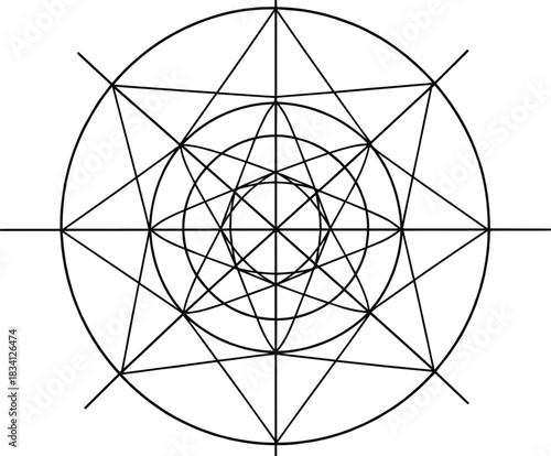 Geometric mandala illustration, radial symmetry, starburst triangle pattern, concentric circle design, abstract spirograph artwork, vector composition, mathematical motif