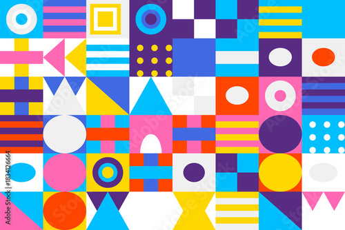 Vibrant abstract geometric pattern with diverse shapes including circles, squares, and triangles in a colorful mosaic design for modern backgrounds