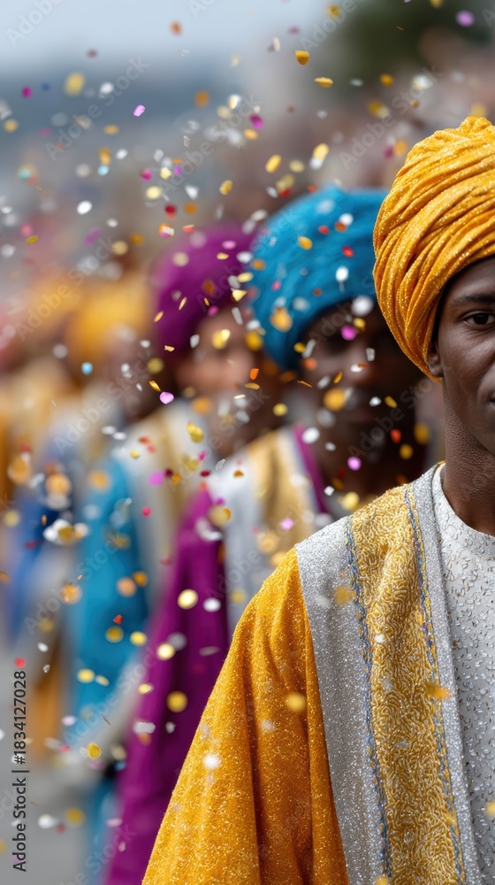Fototapeta premium cultural celebrations, capturing the lively three kings day parade with vibrant costumes, cheering crowds, musicians, and energetic motion blur