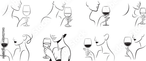 Woman holding a wine glass vector outline collection, a minimalistic, continuous line drawing.