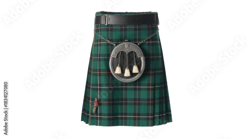 Elegant green tartan Scottish kilt featuring a formal sporran with ornate silver cantle and white tassels, paired with a black leather belt. background removed