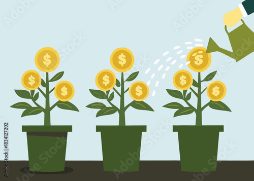 Money growing on plants watered by a watering can representing financial growth