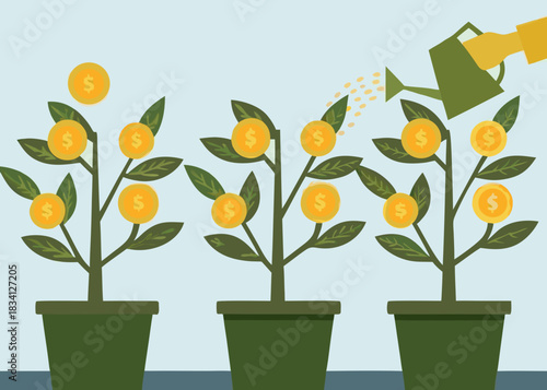 Money growing on trees in pots being watered with coins