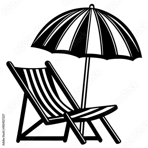 Black and white illustration of a striped deck chair and umbrella