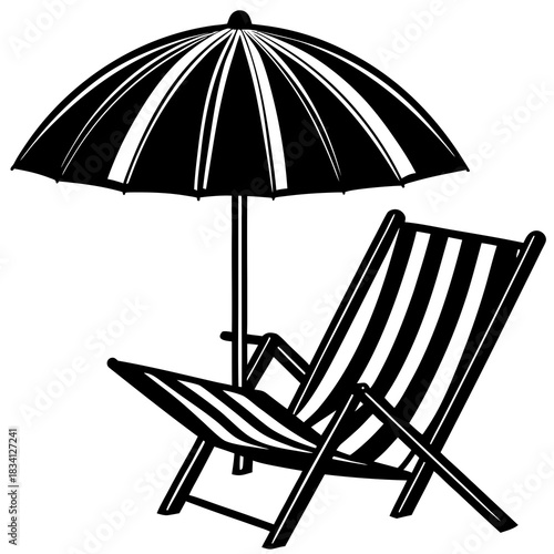 Black and white illustration of a striped deck chair and umbrella on a white background