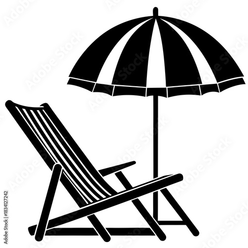Black and white illustration of a beach chair and umbrella