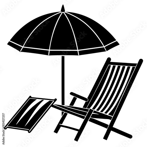 Black and white illustration of a beach chair and umbrella