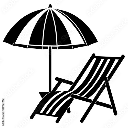 Black and white illustration of a beach chair and umbrella