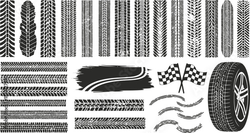 Tire tracks after skidding, launch, drift, powerslide in motorsport, rally, off-road, motocross. Wheel texture with splash effect. Vector, transparent background EPS version.