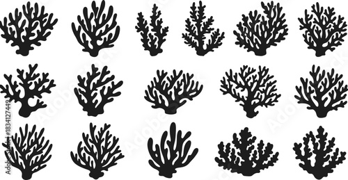 Coral silhouettes in diverse shapes, marine biology, ocean design, reef structure, underwater vector illustration, sea life, nature artwork
