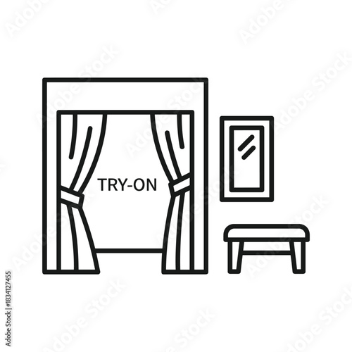 Fitting Room Icon with Try-On Text, Mirror, and Bench
