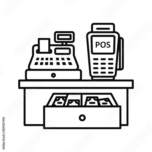 Cash Register and POS Terminal with Money Drawer Line Icon