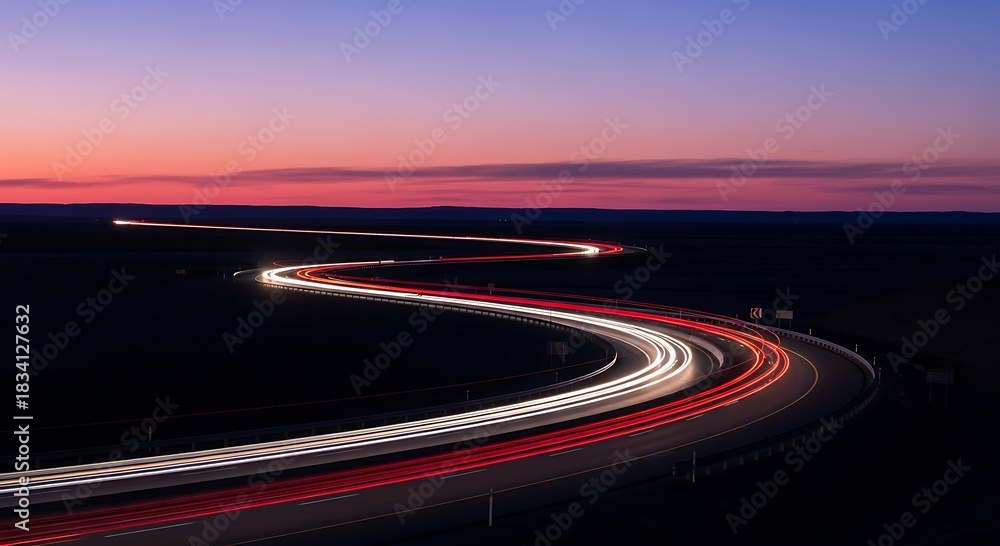 Obraz premium Long exposure light trails on a winding road at twilight.