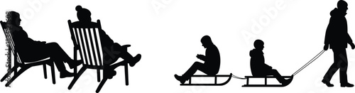 Silhouette illustration, rocking chair scene, sled pulling, winter activity, family moment, leisure posture, black vector, human interaction