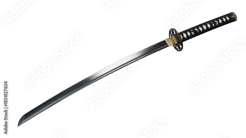 A sharp, traditional Japanese Katana sword with a dark blade and black-wrapped handle, isolated on a solid background. background removed