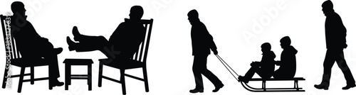 Silhouettes of seated people, sled pulling, children, winter activity, leisure moment, family interaction, lifestyle vector illustration, design