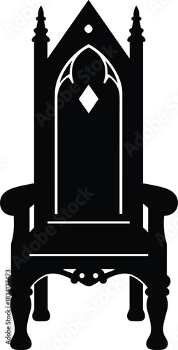Throne chair silhouette, gothic design, high backrest, ornate furniture, regal seat, black vector, royalty symbol, majestic illustration
