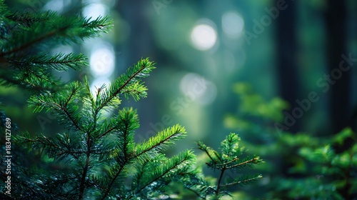 Deep forest background with lightly scattered pale-green bokeh across the top
