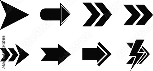 Set of black arrow vector icons pointing right on white background