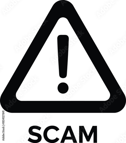 Scam alert sign with exclamation point in triangle on white background