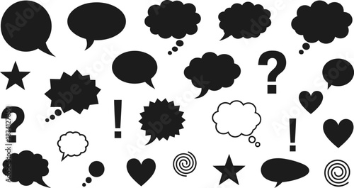 Collection of speech bubbles and symbols in black silhouette for design elements