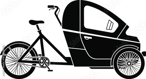 Black and white illustration of a cargo bike with enclosed cabin