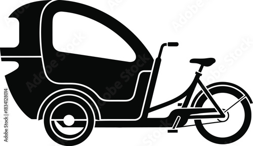 Black silhouette of a cargo bike or tricycle with enclosed passenger compartment