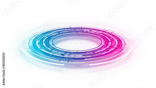 Abstract digital circular interface with glowing vibrant blue and pink gradients, representing futuristic technology, data, connection, and cyber security concepts.