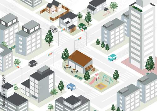 アイソメトリックな街並みのイラスト