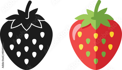 Strawberry illustration colorful and black silhouette of a fresh red berry