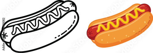 Hot dog illustration black and white outline and colored version for design