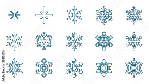 A diverse collection of fifteen unique blue snowflake vector icons.