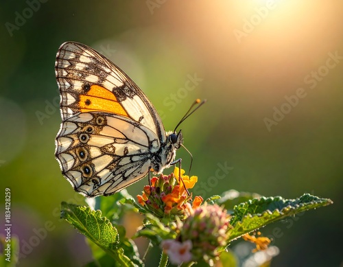 Elegant butterfly perched on vibrant, colorful flowers in warm sunlight against a softly blurred green and golden background