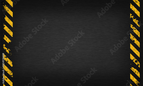Industrial warning background with yellow and black stripes. Grunge caution tape frame on dark metal texture. Vector illustration.